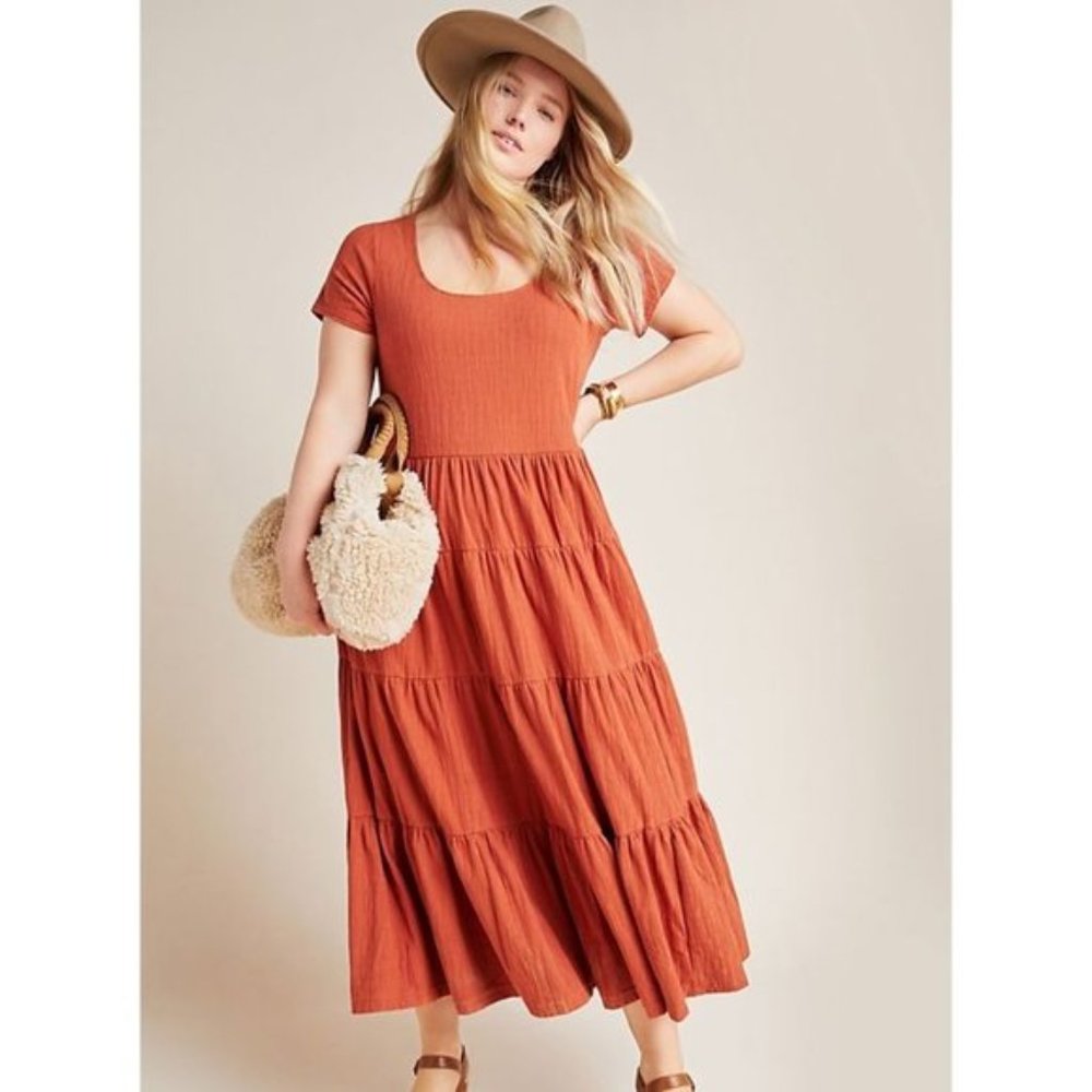Maeve Anthropologie Gillian Tiered Maxi Dress Rust Orange LP